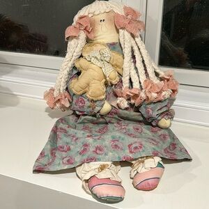 Rag doll - vintage, country, primitive - girl with braided hair and bunny